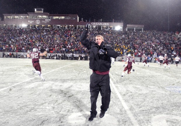 Bobby Hauck celebrates after the Griz win over Appalachian State